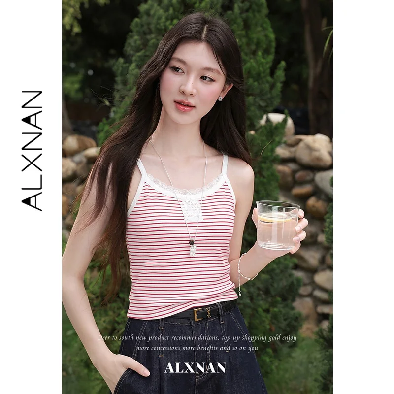 ALXNAN 2026 Summer Women's Red Camis Red And White Thin Stripes Wavy Hollow Lace Trim Placket White Bow Design Tops L67319BXA