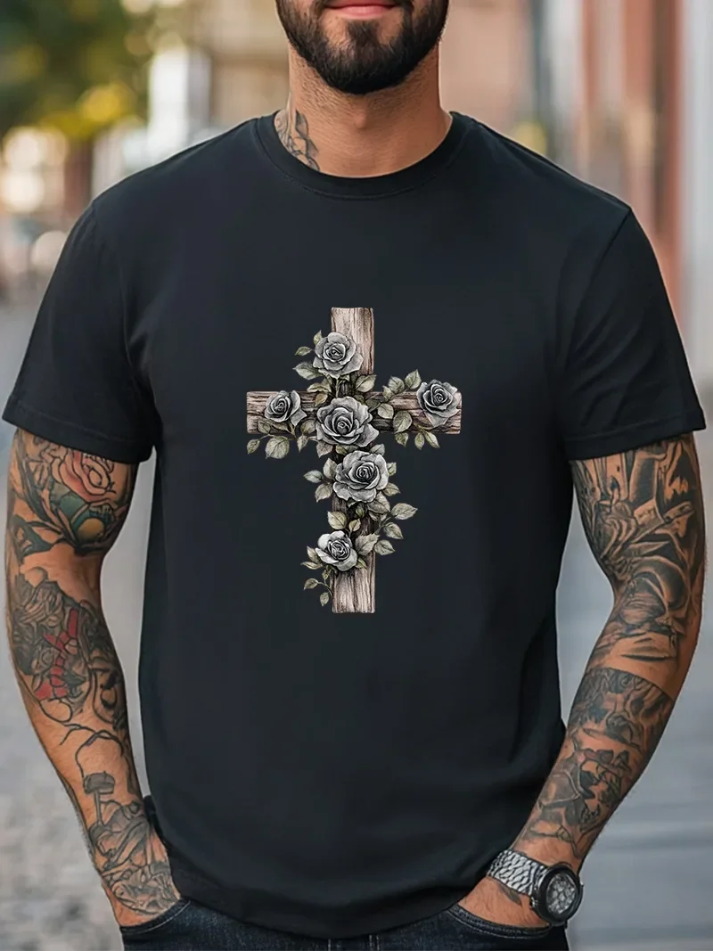 Rustic Cross & Roses Christian T-Shirt Men Women Unisex T-Shirt Church Tee