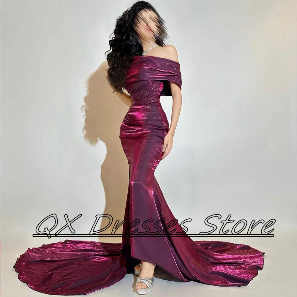 Customized Velvet Mermaid Evening Dress Off Shoulder Draped Sleeveless Simple Prom Gown Court Train Women‘s Sexy  Party Dresses