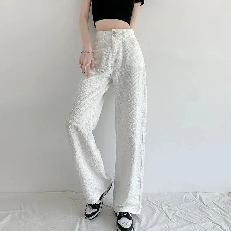 White Jeans For Women Jacquard Denim Pants 2024 Spring And Summer Loose Straight Leg Wide leg Pants Female Trousers 6XL