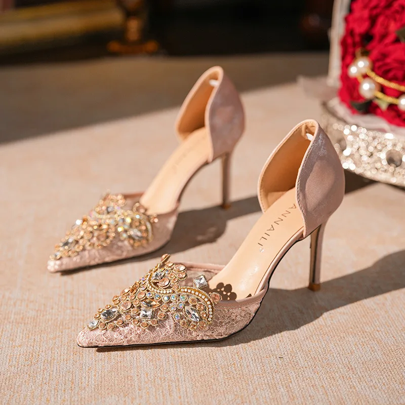 2026 New Hollow Women's Singles, Pink Bridesmaid High Heels, Fashion Stiletto High Heels, Beaded Water Diamond Banquet Shoes