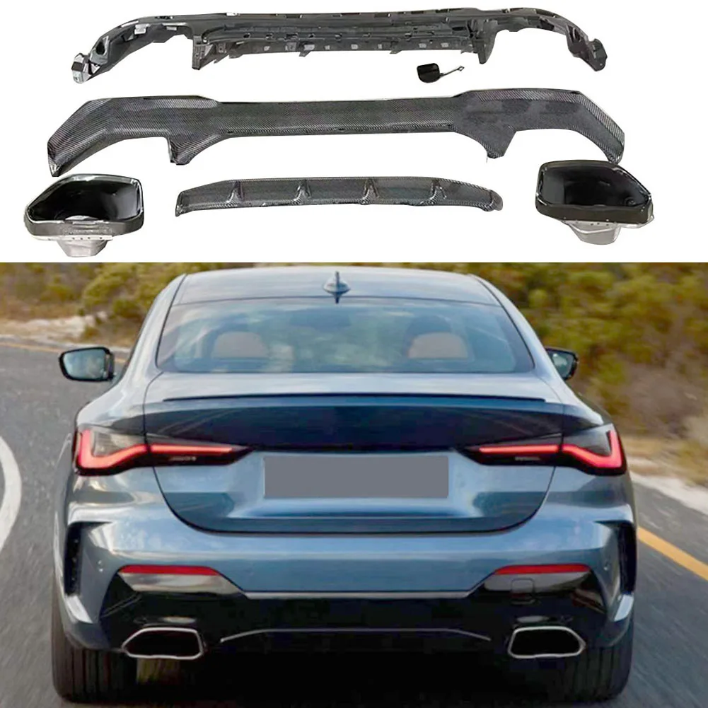 New Rear Bumper Diffuser Spoiler With Tail Exhaust Tips For BMW 4 Series G22 440 Style 2020-Present Black/Carbon Fiber Printed