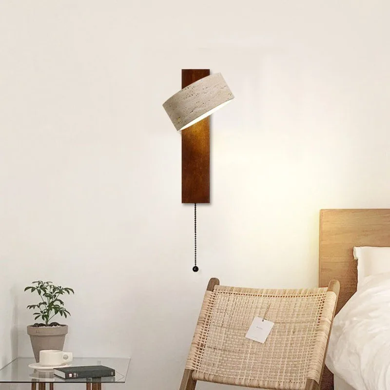 

Huangdong stone wall lamp rotatable solid wood bedside lamp with pull wire switch Japanese-style wabi-sabi style warm B&B aisle