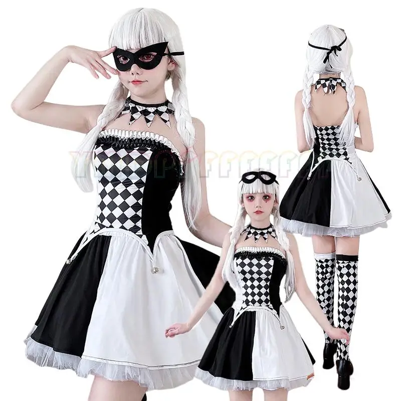 Halloween Joker Zirkus-Kostüm Japanisches Anime Lolita Cosplay Damen Rollenspiel Partykleid Gitter-Uniform Halloween Ostern Fantasie