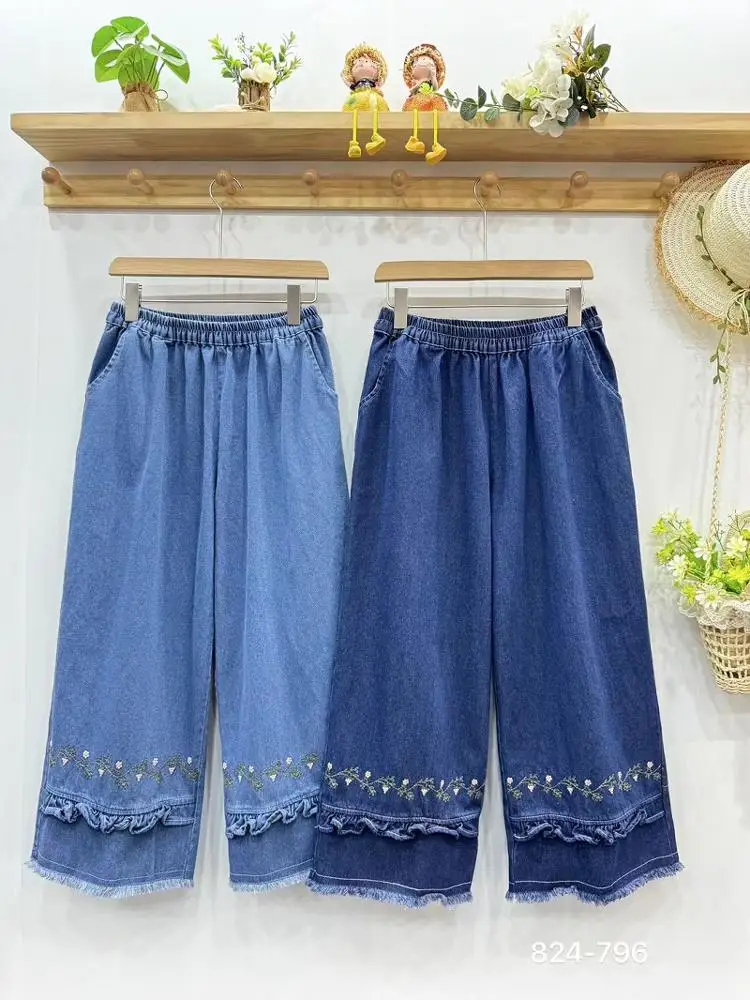 Autumn New Sweet Preppy Style Embroidered Denim Pants Women Elastic Waist Casual Pockets Pants