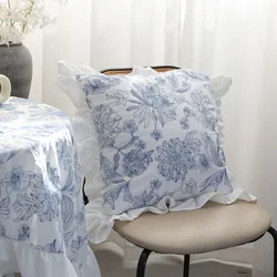 Pleated White Lace Cotton Blue Embroidered Pillow Cover Living Room Sofa Head Waterproof and Oil Proof 45*45cm Waist Pillowcase