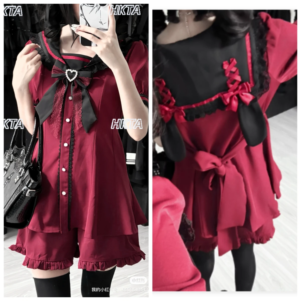 Japanese Subculture Jirai Kei Style Lace Bow Short Sleeve Waist Ruffle Dress Slim Waist Black Dress Shorts Two Pieces Sets Women