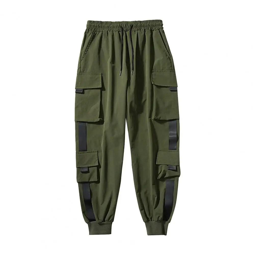 

Men's Loose Cargo Pants with Ankle-banded Drawstring Waist Multiple Pockets Strap Decor for Fitness