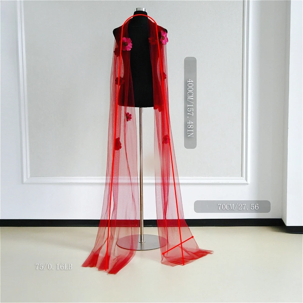 4M Long Burgundy Flowy Bridal Shawl with Flowers Wedding Bolero with Women Elegant Sexy Wear Wedding Capes Wedding Props