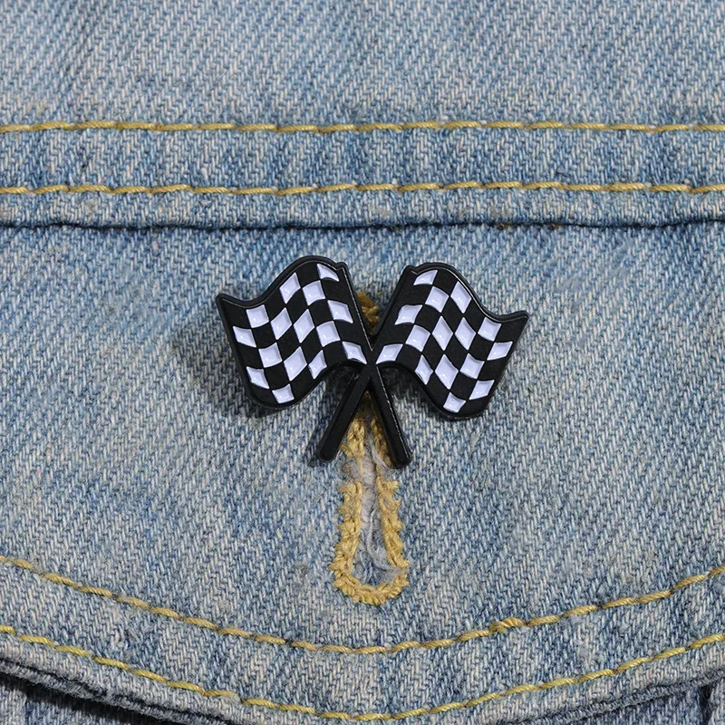 Checkerboard Chequered Flag Enamel Pins Motor Racing Black White Flag Brooches Lapel Badges Funny Pins Jewelry for Backpack Hat