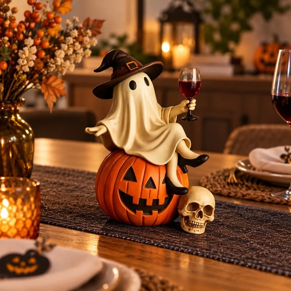 Cartoon Halloween Ghost Figurine Spooky Vintage Witch Statue Decorative Holding a Wine Glass Bar Tabletop Resin Ornament