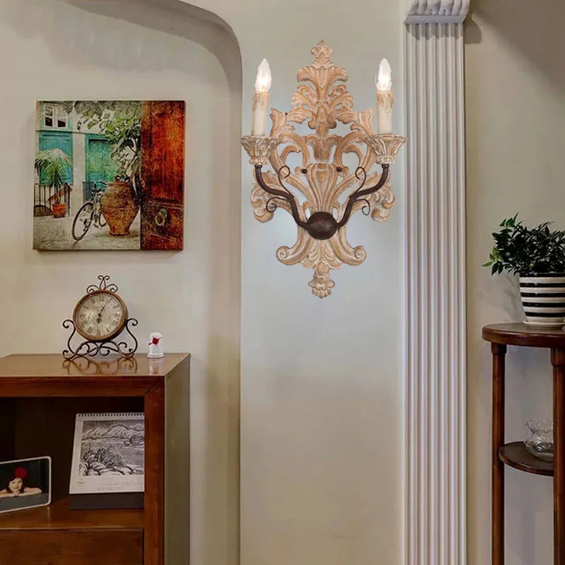 Solid Wood Carving Antique Wall Lamp Vintage American Nordic Living Room Dining Room Porch Bedroom aisle Club villa Wall Lights