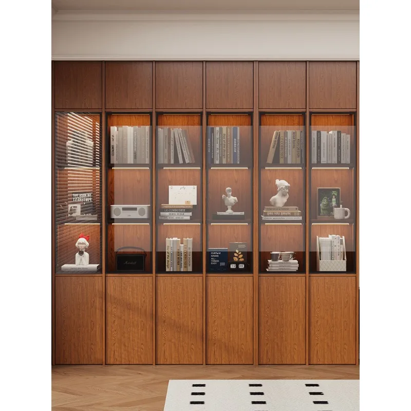 

Medieval style bookcase with glass door whole wall solid wood bookcase storage living room display cabinet