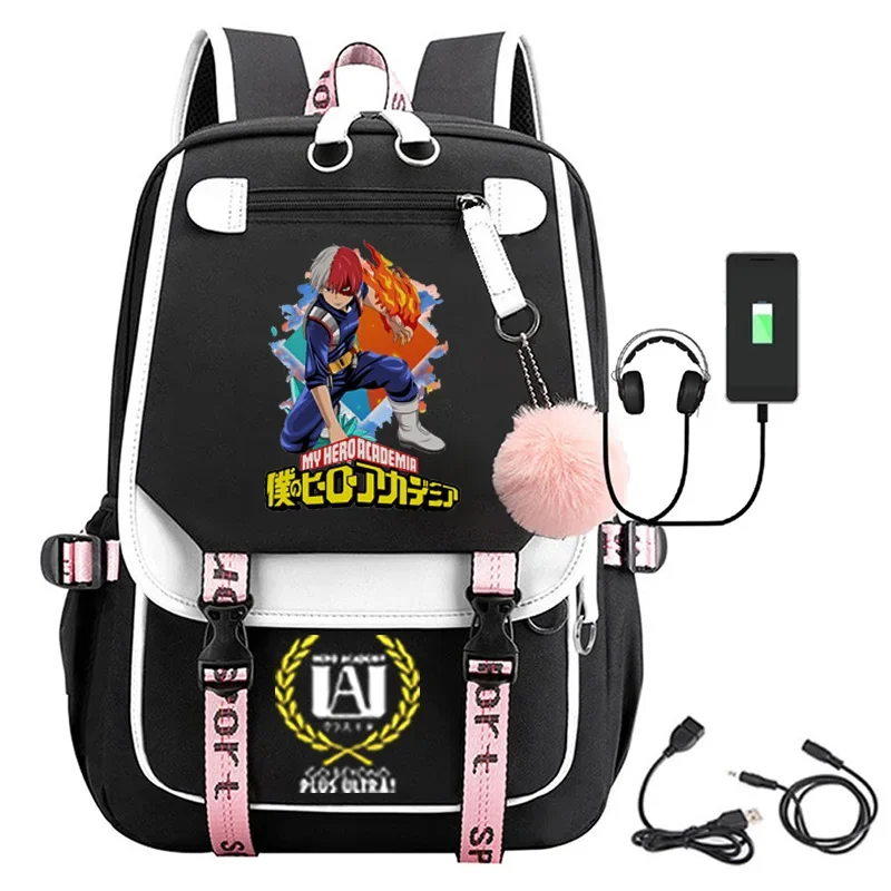 Nylon Anime Backpack with USB Port, Sacos de Viagem, Livro de Escola, Estudante, Laptop, Casual, Grande Messenger Bag, My Hero Academia, Bakugou