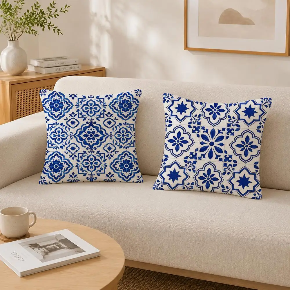 Pattern Azulejo Cushion Cover Soft Fluffy Short Plush  Pillow Case Throw Decorative Cushion Covers for Sofa Bedroom Home Decor