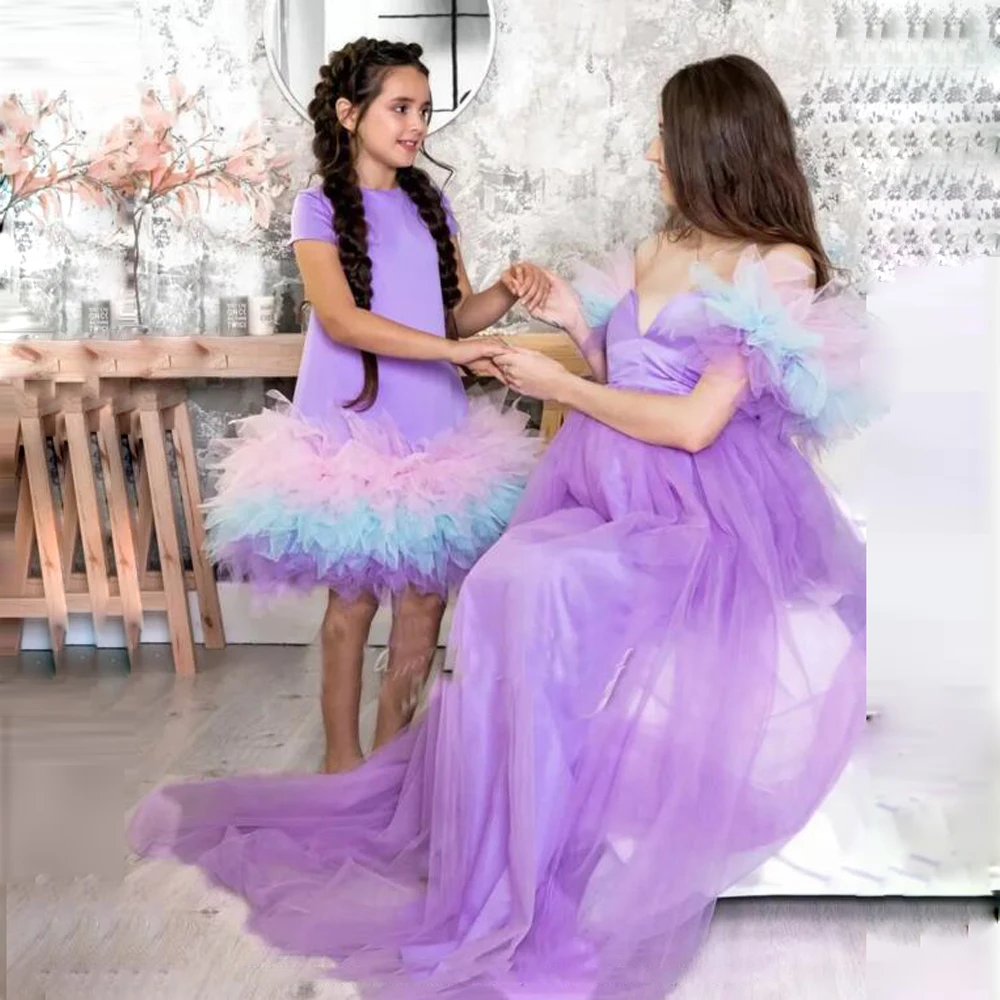 Lavender Mother and Daughter Dress for Photoshoot Off The Shoulder Mommy and Me Dresses Robes for Babyshower  Family Look