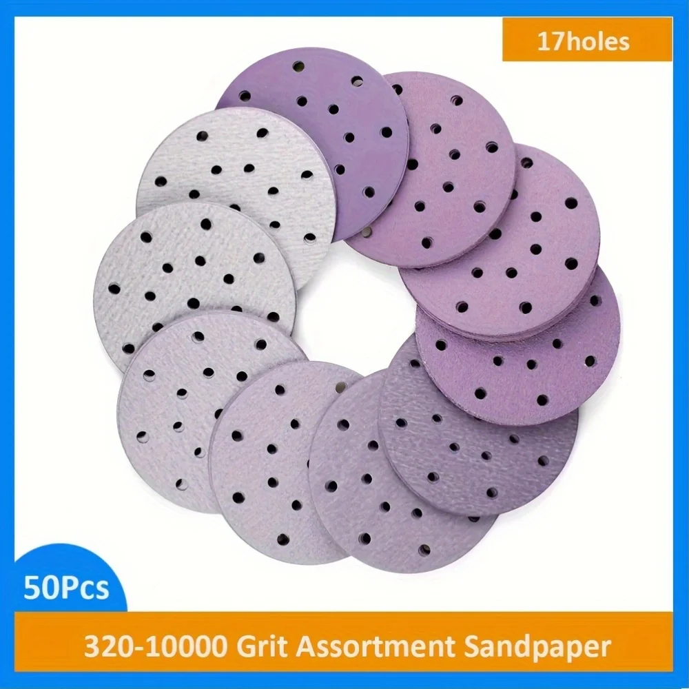 50Pcs 6 Inch 17 Hole Wet Dry Sanding Discs Hook and Loop 320-10000 Grit Assortment Sandpaper 150mm for Car Polisher Polishing