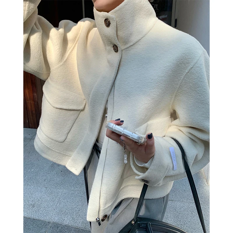 

MEXZT элегантное шерстяное пальто, женская модная укороченная шерстяная куртка, корейская верхняя одежда с воротником-стойкой, зимнее пальто на молнии