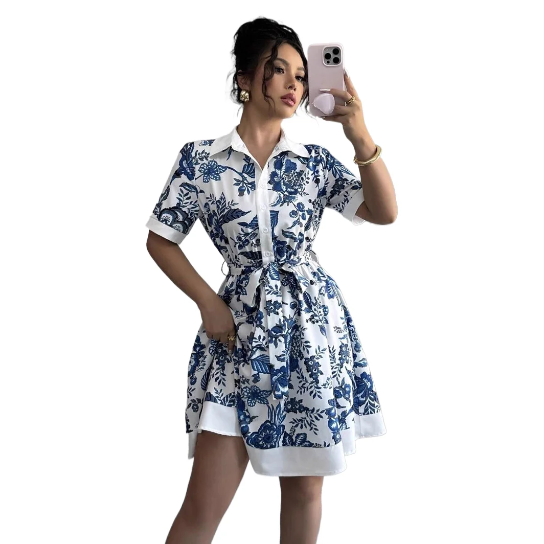 Eenvoudige Mode Bloemenprint Elegante Zomer Nieuwe Vrouwen Overhemd Straat Casual Dame Kantoor Werk Casual Jurken Blauw Vestidos