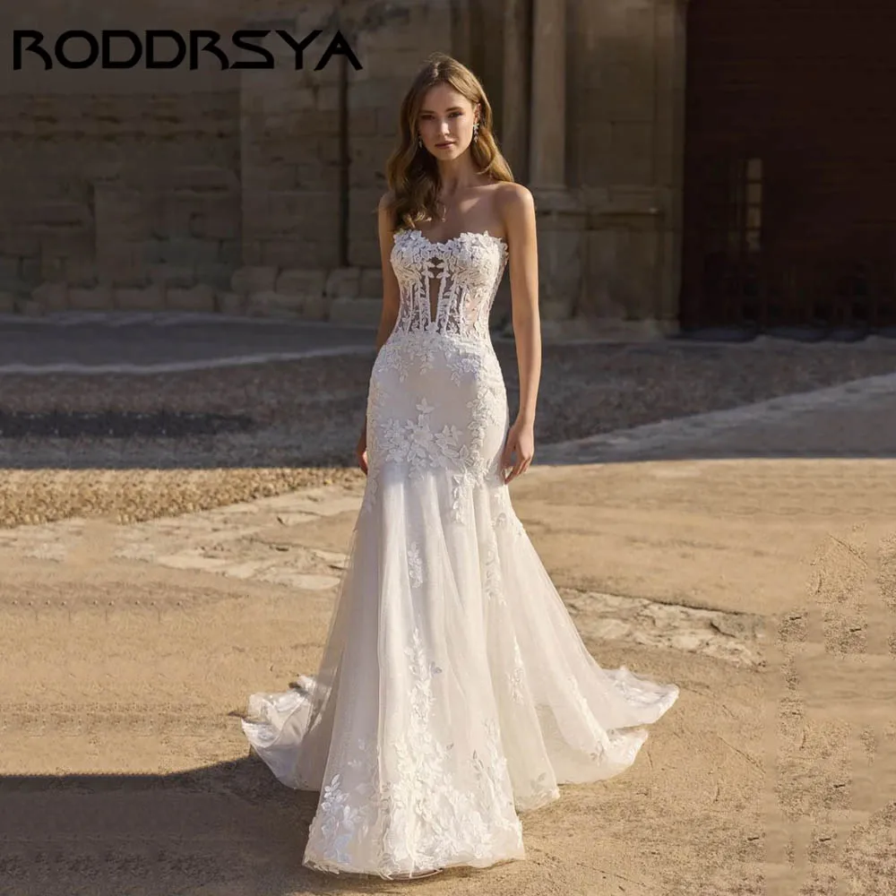 RODDRSY Modern Fit Strapless Wedding Dress Mermaid Sleeveless Luxury Bridal Gown Backless Appliques vestidos de novia Customized