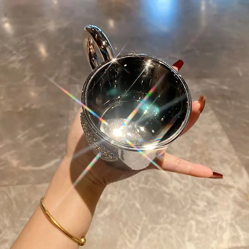 Sparkling Diamond Heart Mug Luxury Stainless Steel Coffee Cup Shatterproof Espresso Cups Kitchen Drinkware Home Accessories