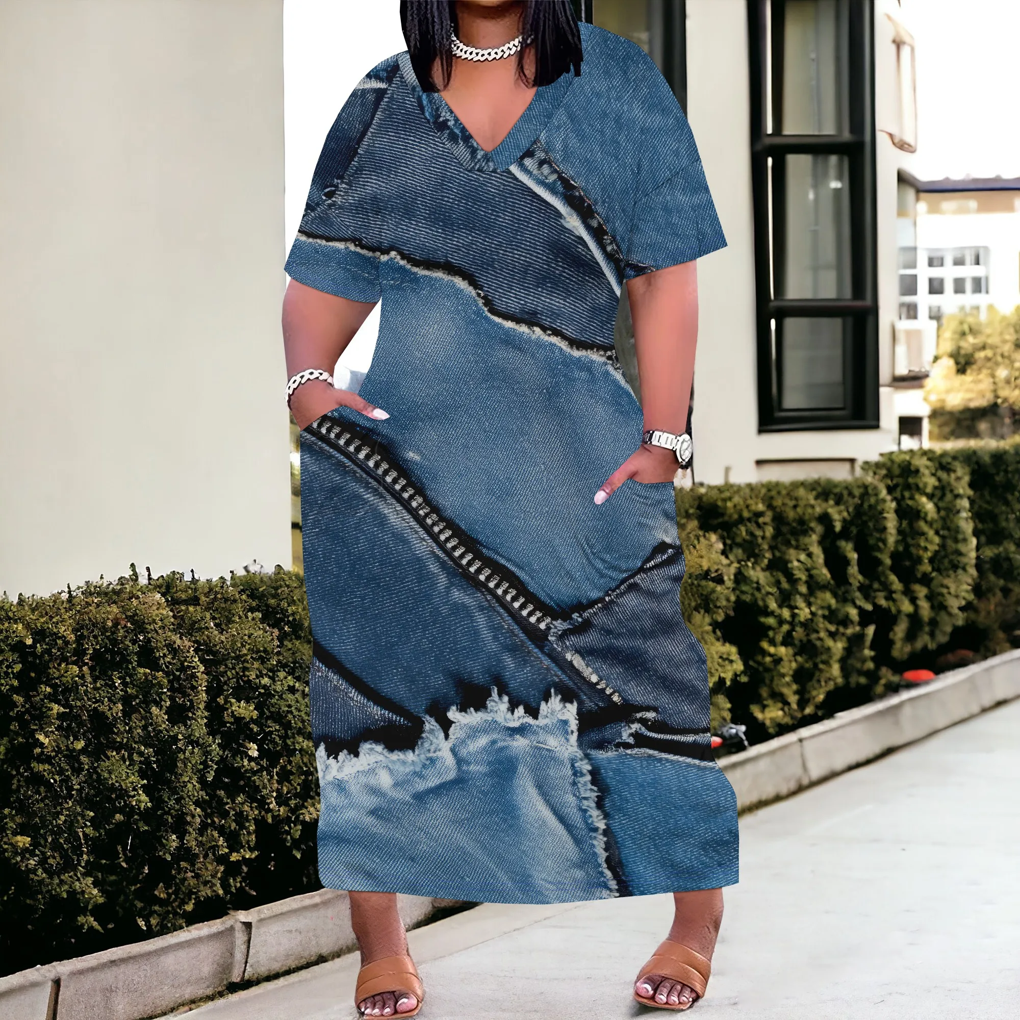 

Women's Polyester Denim Style A-Line Midi Dress Light Blue Short Sleeve Casual Work