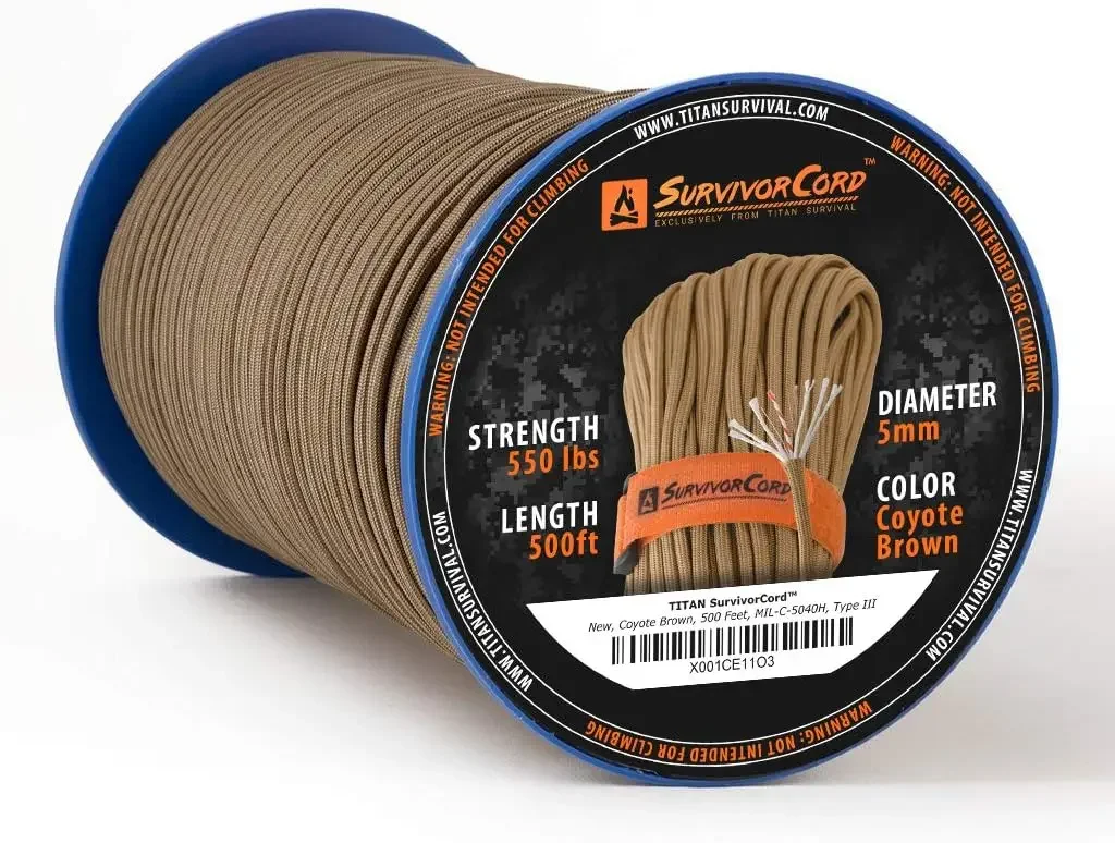 Survival Patented Paracord 550 - 25ft, 100ft, 500ft & Color Options - 620LB Strength Survival Paracord Military Spec with 3 Stra