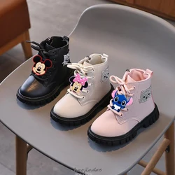 Stivali moda per bambini Mickey Minnie Sneakers punto scarpa ragazzi antiscivolo in pelle PU cerniera laterale bambino scarpe Casual per bambini