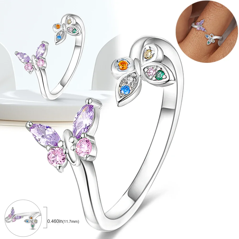 S925 Silver Sun Moon Open Ring for Women Original Zircon Butterfly Flower Rose Adjustable Rings Free Size Finger Jewelry