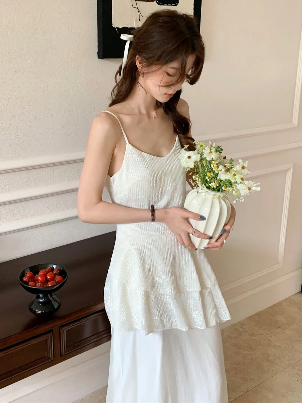 Ele besticktes Blumen-langes Dr-Sommerkleid für Damen, unregelmäßiger Spitzenbesatz, Trägerkleid, Pendelkleid, chinesische...