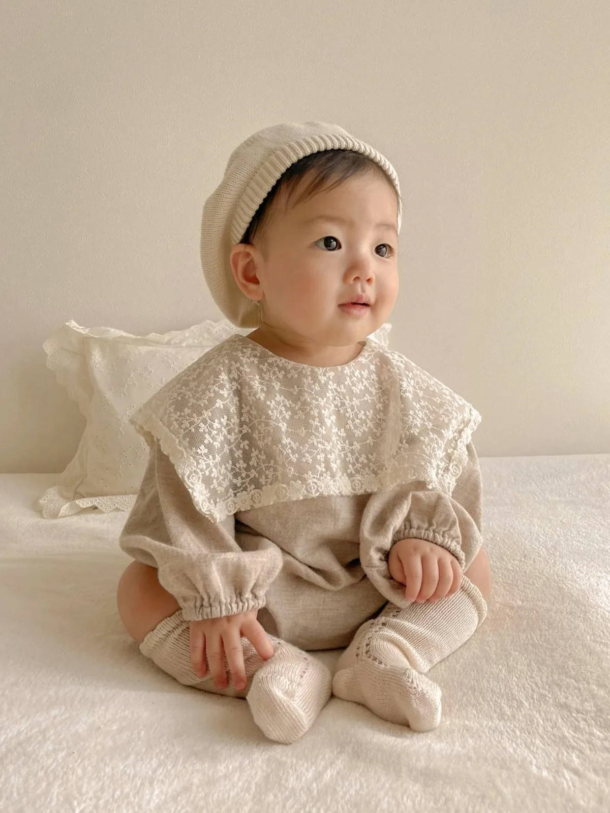 2024 Spring New Baby Girl Long Sleeve Bodysuit Newborn Toddler Lace Large Lapel Jumpsuit Cotton Infant Casual Clothes 0-24M