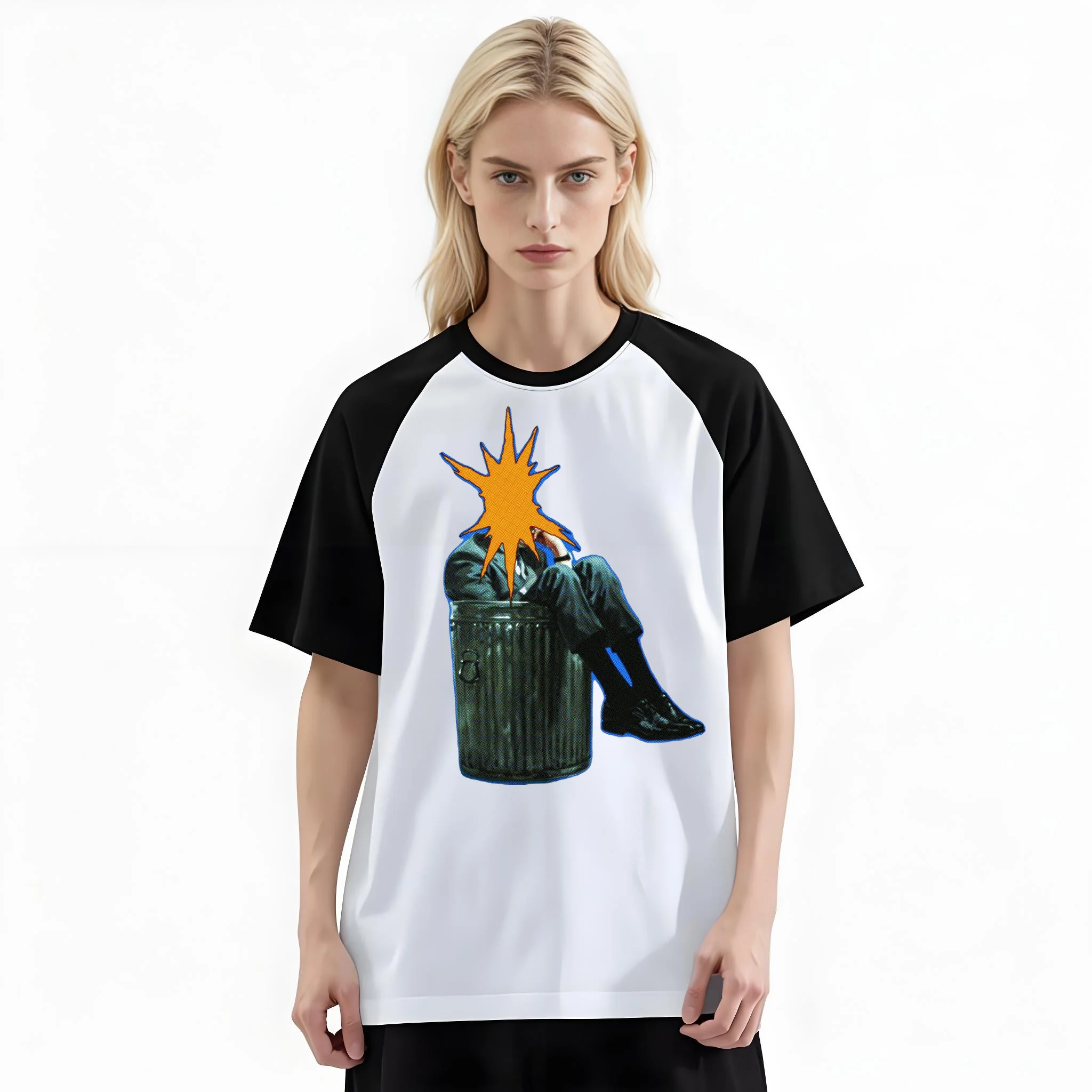 Women'S Fashion Raglan Sleeve T-Shirt, Trash Can Boom Head Man Retro Printed, Summer Casual Comfortable Tee, Women'S Everyday Short-Sleeve Top