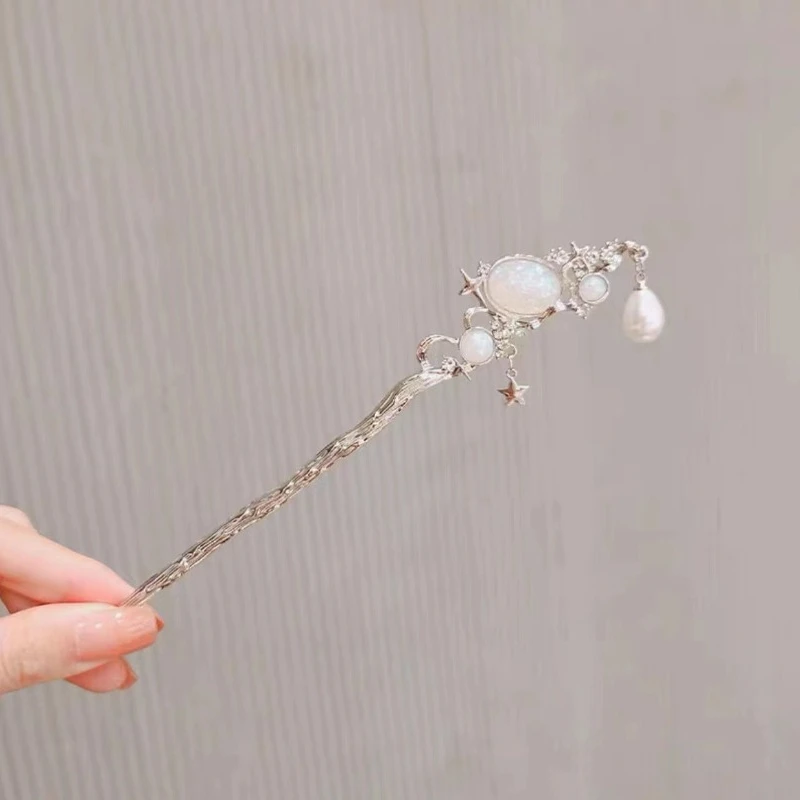 Moonstone Hairpin with Star & Pearl Tassel – Silver Hair Stick, Vintage Chinese Style Hair Accessory - view 6
