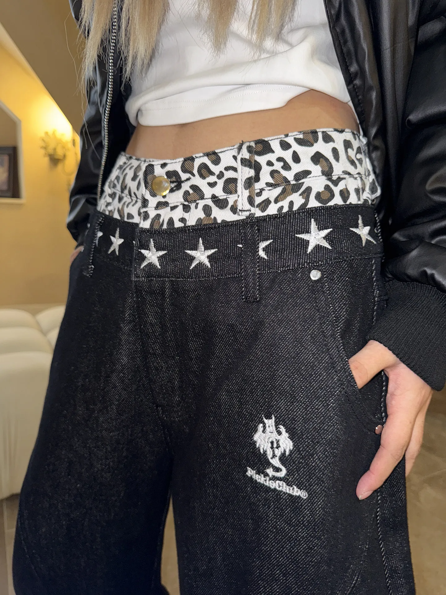 American Retro Dark Star Leopard Print Wide-leg Double Waist Jeans Design Scimitar Pants Cargo Pants Women Baggy Jeans