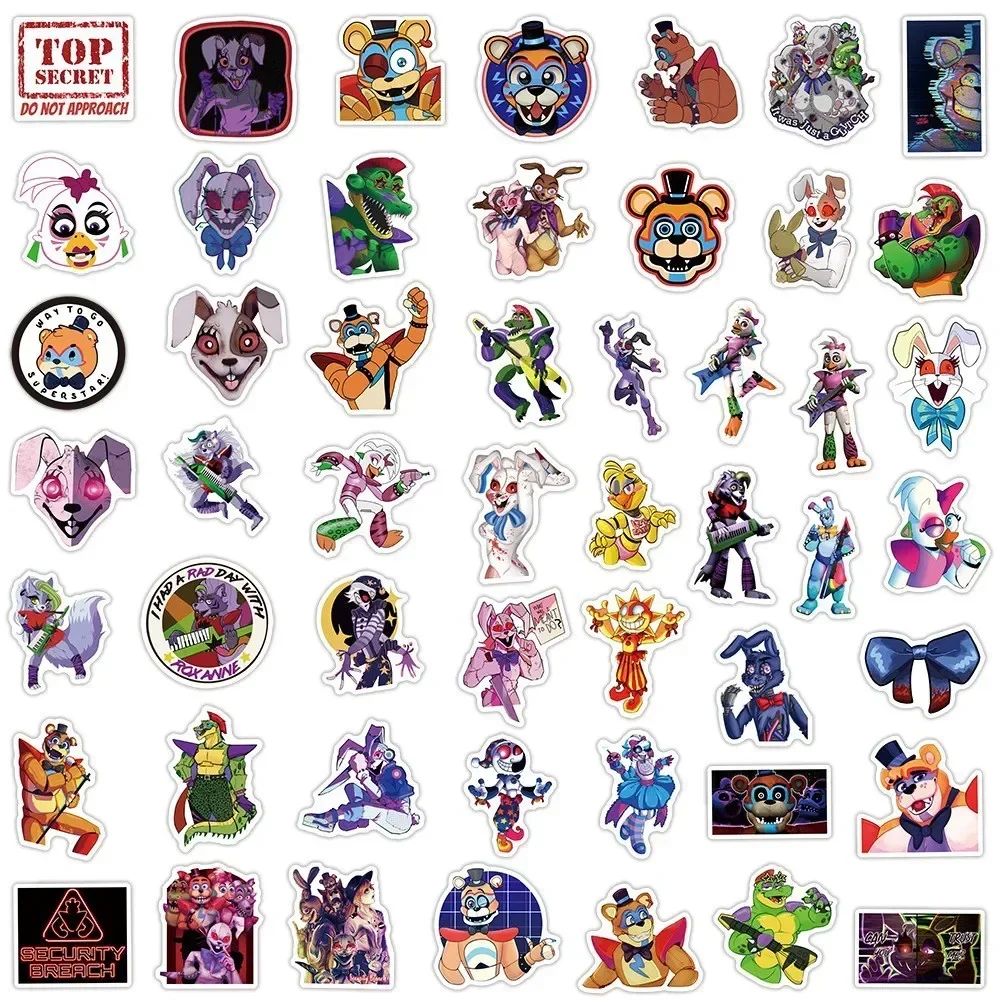 50 buah FNAF stiker Fazbear stiker permainan Nights-Freddies tahan air stiker untuk mobil Laptop bagasi ponsel hadiah mainan