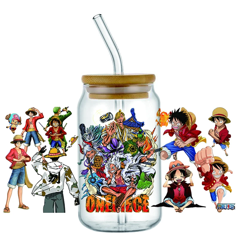 Bestseller 28 beliebte One Piece Anime 16oz UV DTF 3D Transfer Cartoon Aufkleber Folienaufkleber für Glasdosenbecher Basteln DIY Kreativ