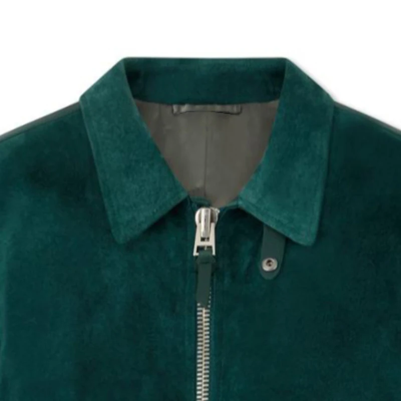 Classic British Fashion Suede Jacket for Men - High-Quality Color Blocked Custom Peacock Green Sheepskin Coat