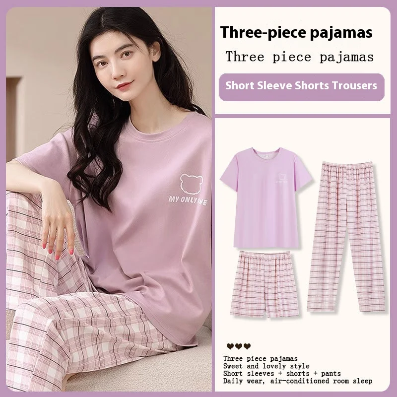 New Three-Piece Pajamas Homewear Women Cotton Spring and Summer Sweet Girl Department of Short-Sleeved Simple Leisure Homewear