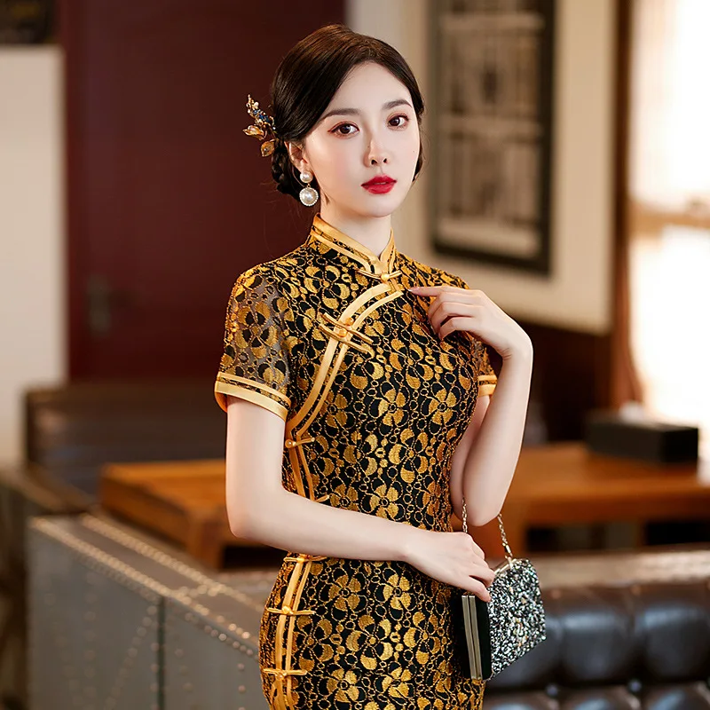 Yourqipao amarillo Sexy Cheongsam encaje hueco de manga corta cuello alto Qipao estilo chino vestido de noche Tang traje para mujer