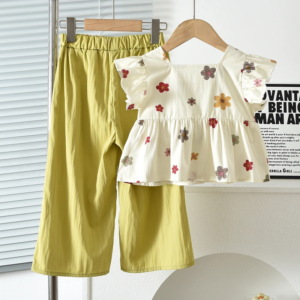 Summer 3-10 Year Old Girl and Teenager Fruit Green Casual Suit with Flower Print Square Neck Top + Wide Leg Pants Two-piece Set