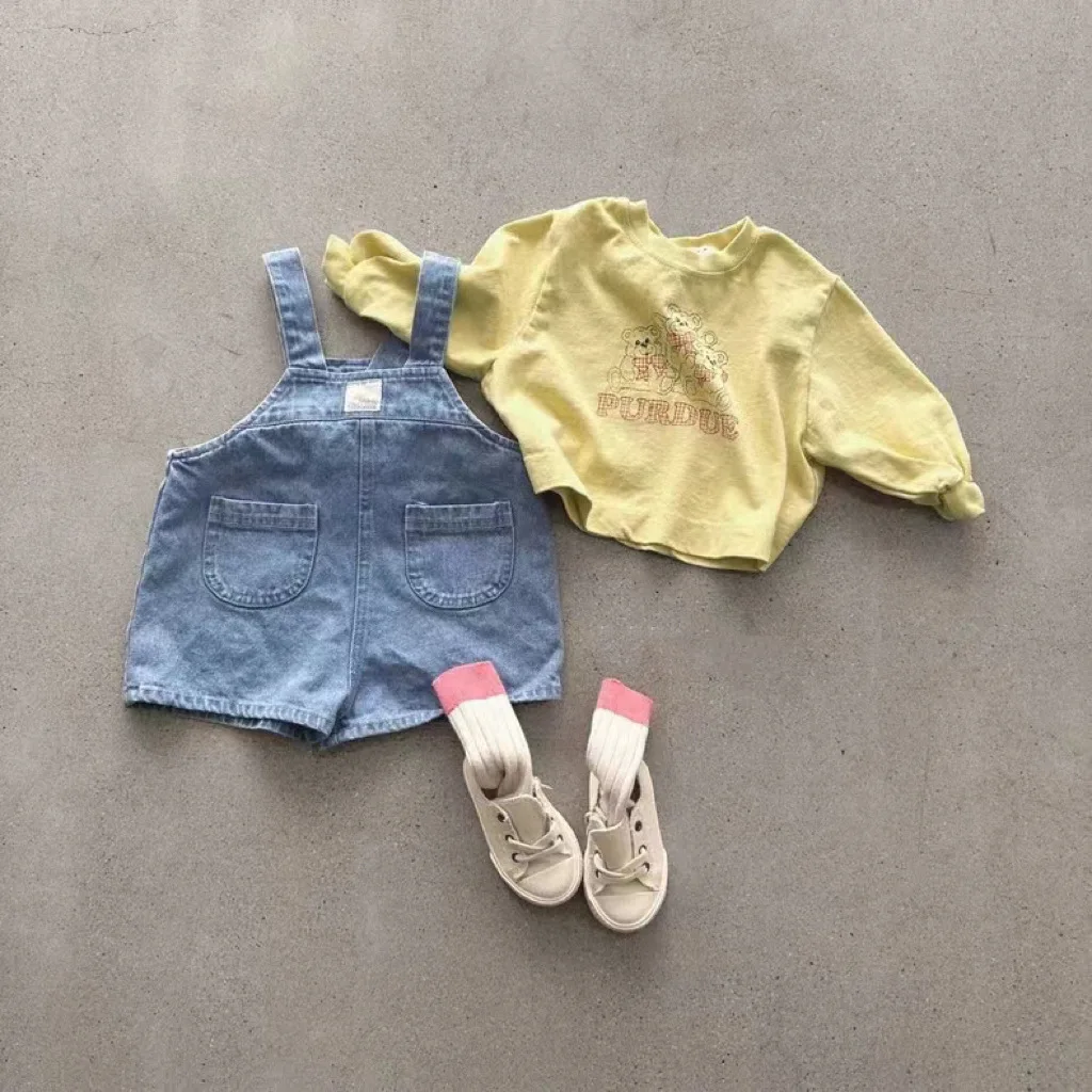 2024 Summer New Baby Denim Strap Shorts Infant Boy Girl Fashion Versatile Overalls Toddler Casual Pants Baby Sleeveless Jumpsuit