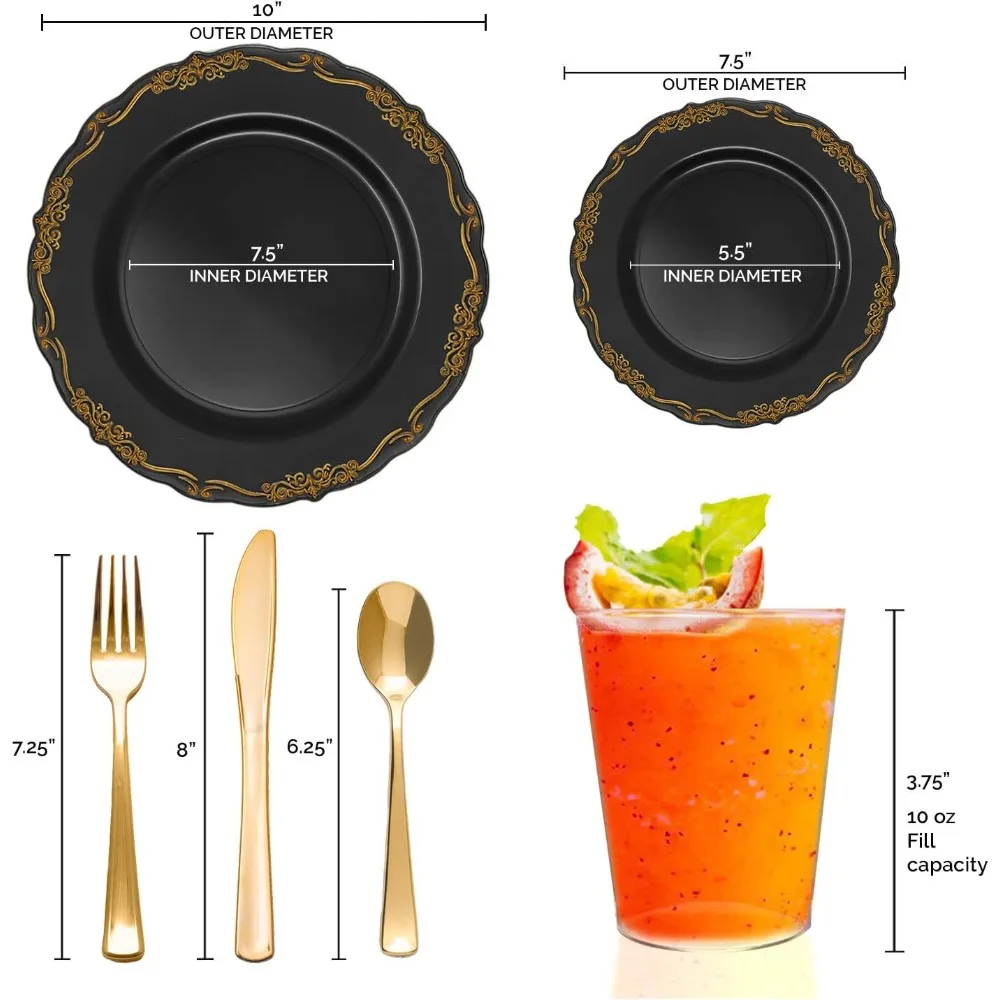 Disposable Plates for Party, Disposable Plates, Party Plates (Black with Gold, Wedding Value Set (120 Guests))