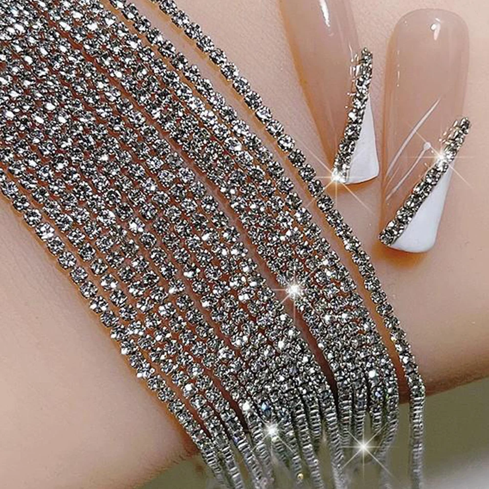 100/50cm Long Luxury Crystal Chain Nail Charms 1.5/2mm Shinying Clear/AB Diamond Nail Art Metal Steel French Manicure Crystal