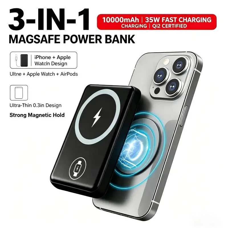 

Магнитный Power Bank 3-в-1 с подставкой: беспроводная зарядка, портативный дизайн для iPhone 17/AirPods/Apple Watch и других устройств