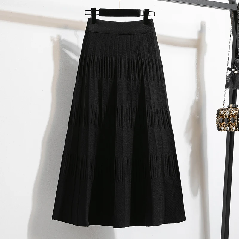 Casual High Waist Loose Knit Pleated A-line Long Skirt Korean Fashion Streetwear Basics Autumn Winter Plus Size Elastic Clothing