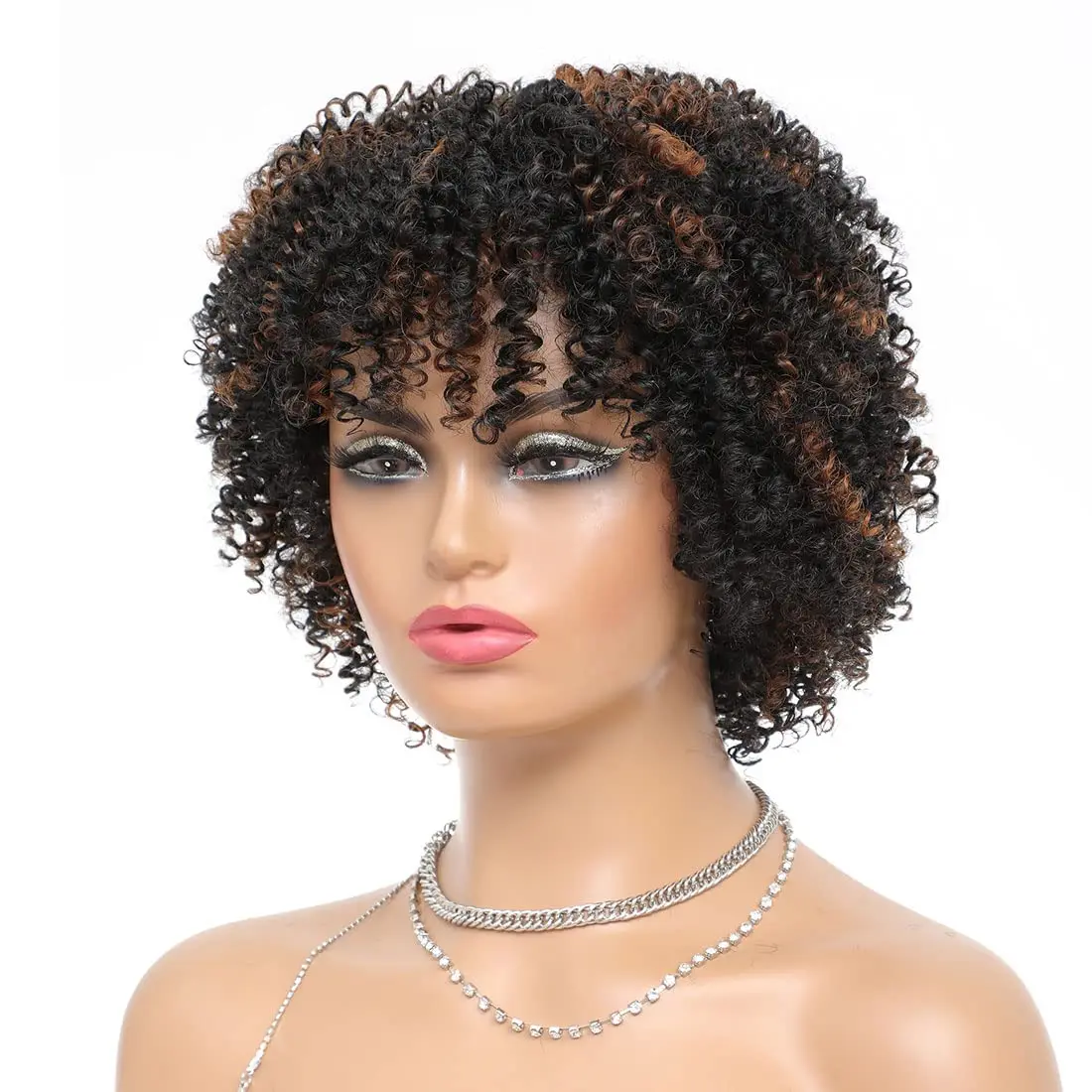 Peruca Curta Curly Afro Sintética com Franja para Mulheres Negras, Perucas Curly Kinky, Sem Cola, Peruca Completa, Resistente ao Calor