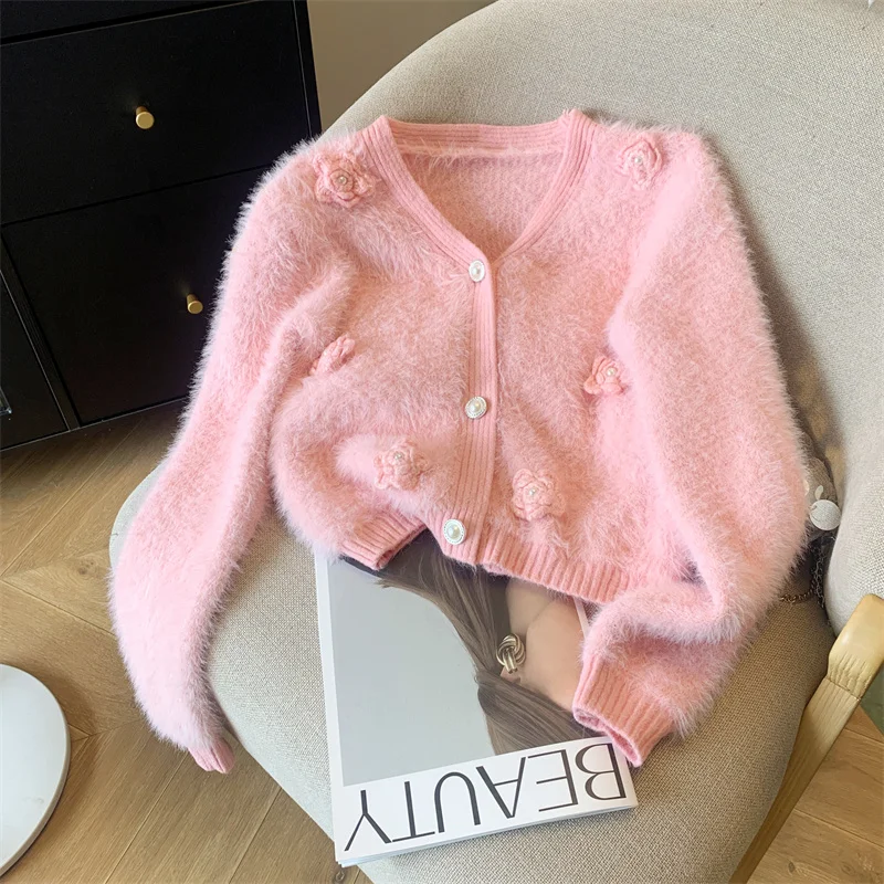 NEW Pink Flower Cardigan Women Clothing Knitting Sweater V-neck Long Sleeves Vintage Korean Fashion White Baggy Female Tops