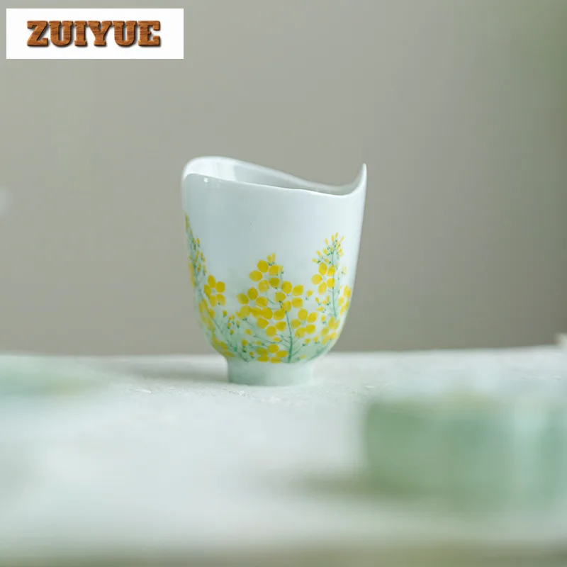 2pc/lot Hand-painted Rapeseed Flower Teacup Thin Body White Porcelain Tea Bowl Cute Cup Smelling Cup Chinese Tea Set Craft 60ml