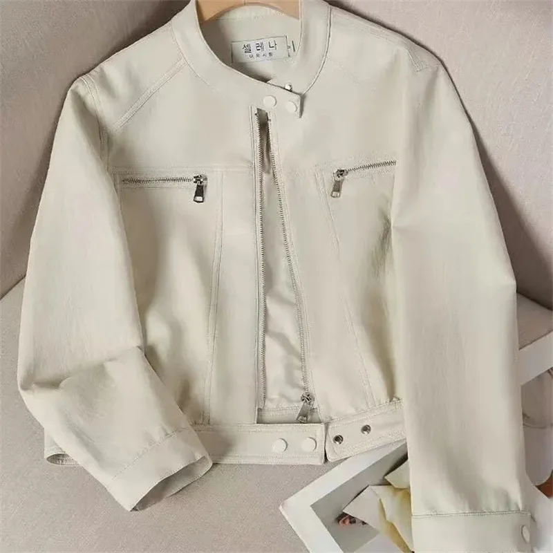 Women Clothing Short PU Leather Jacket Women's Coat Spring And Autumn New Small Design Stand-Up Collar Jacket tide