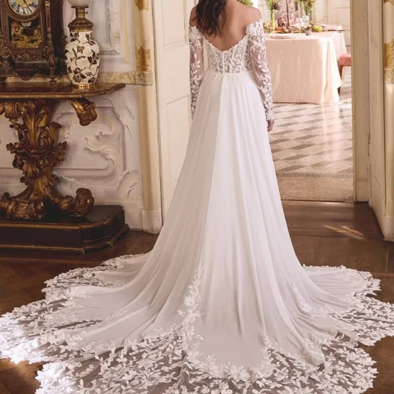 Abiti da sposa bianchi in raso con decalcomania floreale con spalle scoperte Una gonna Abiti abito da sposa con spacco Abito da sposa